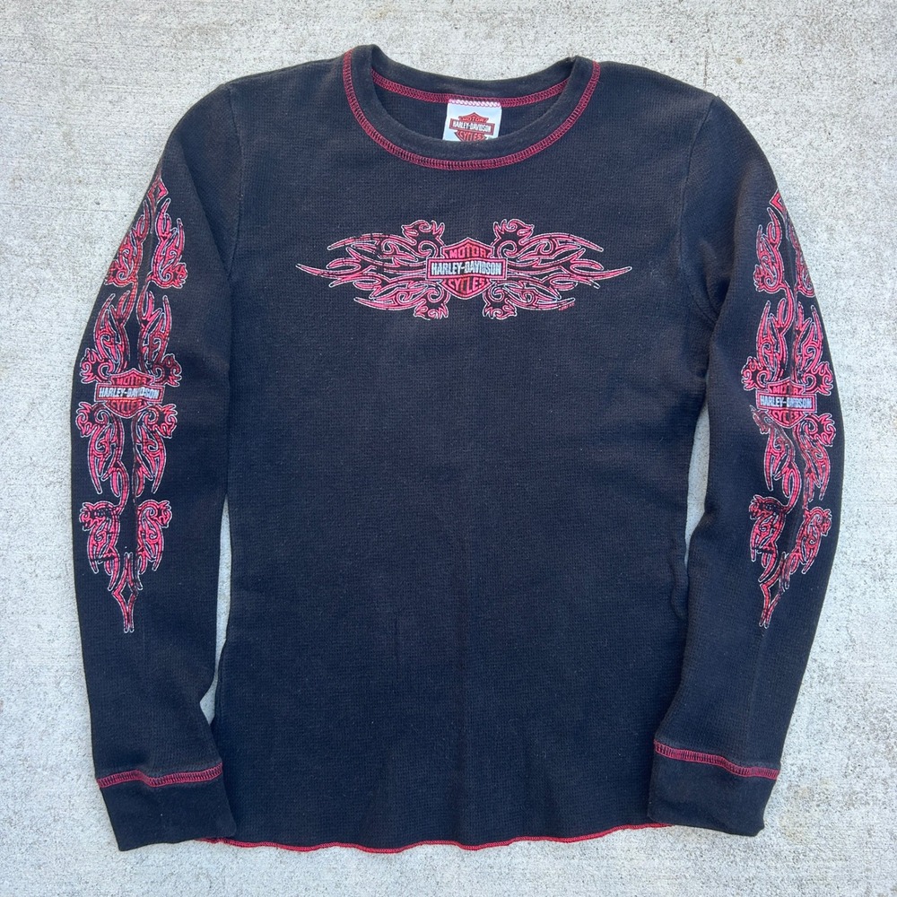 Harley Davidson Waffle Knit Thermal Small Black Red Flame Sleeve Y2K Made in USA
